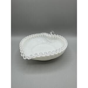 Fenton Silver Crest Heart Shaped Candy Trinket Dish Ruffle Edge Handle Vintage
